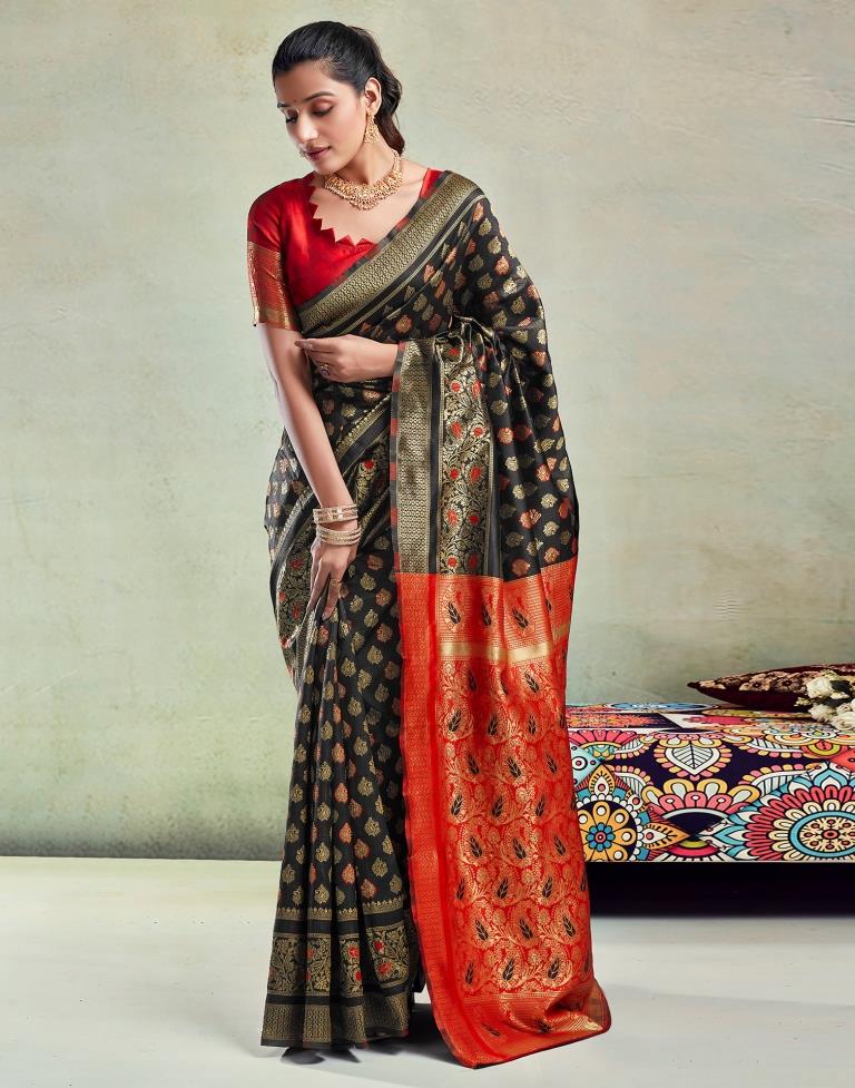 Black & Orange Silk Woven Saree