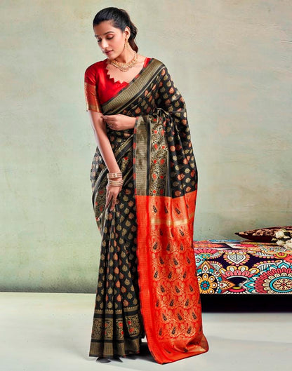 Black & Orange Silk Woven Saree