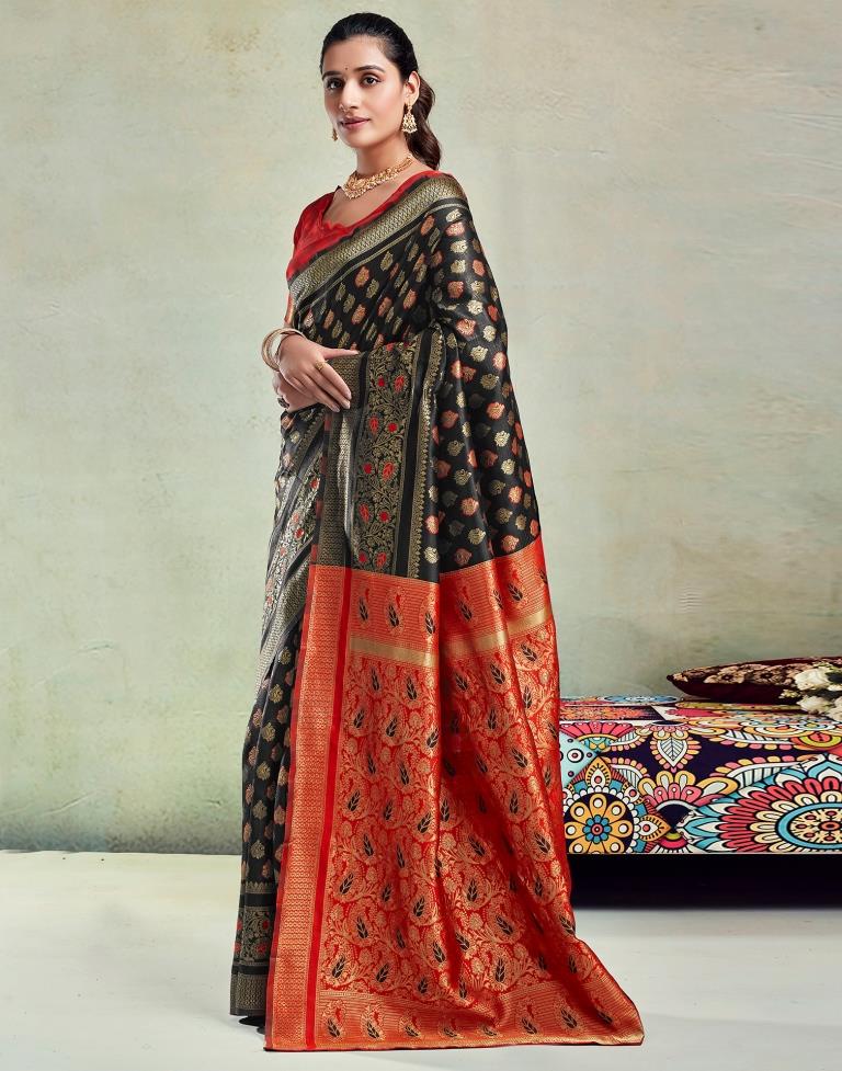 Black & Orange Silk Woven Saree