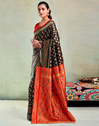 Black & Orange Silk Woven Saree