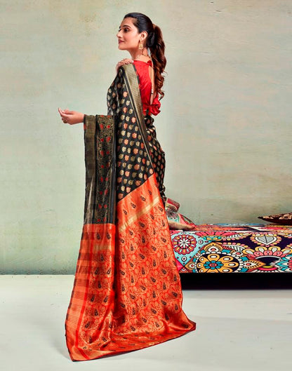 Black & Orange Silk Woven Saree