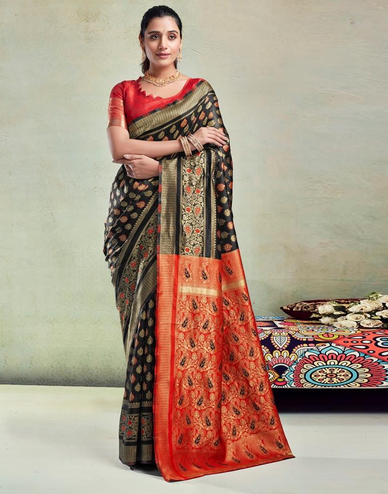 Black & Orange Silk Woven Saree