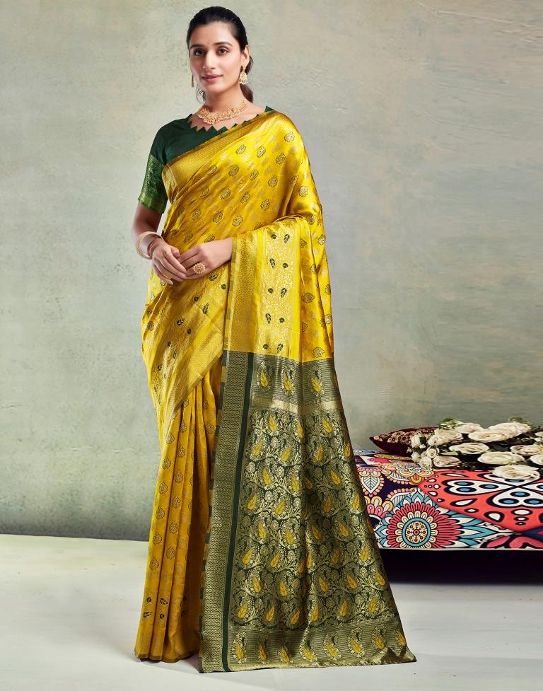 Yellow & Dark Green Silk Woven Saree