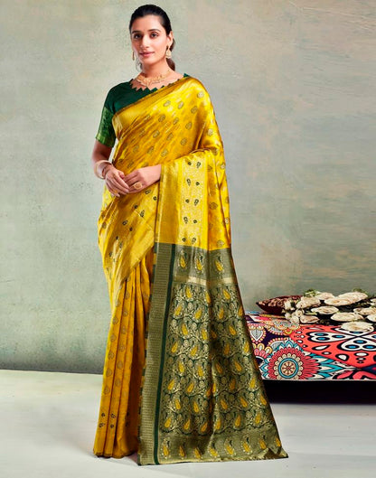 Yellow & Dark Green Silk Woven Saree