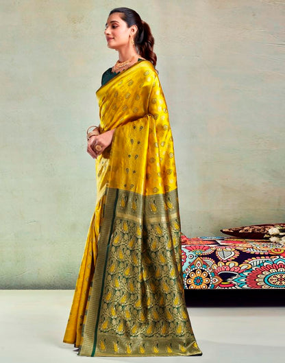 Yellow & Dark Green Silk Woven Saree