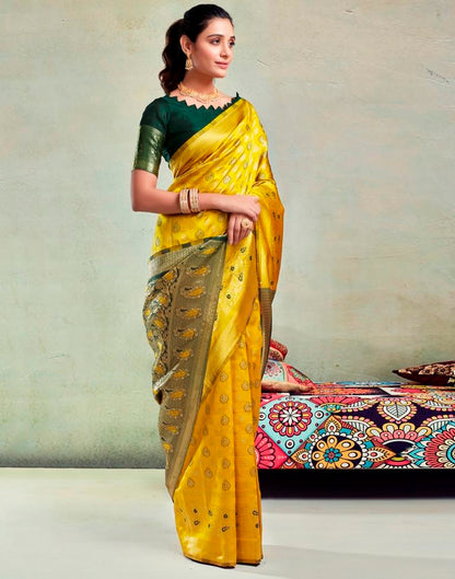 Yellow & Dark Green Silk Woven Saree