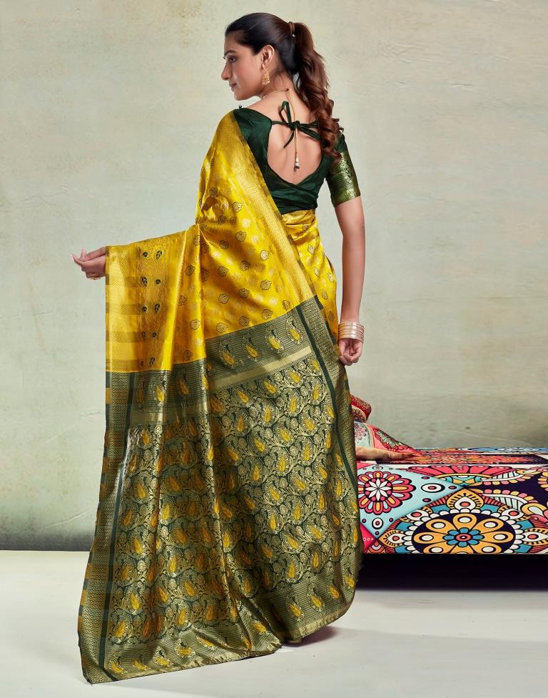 Yellow & Dark Green Silk Woven Saree