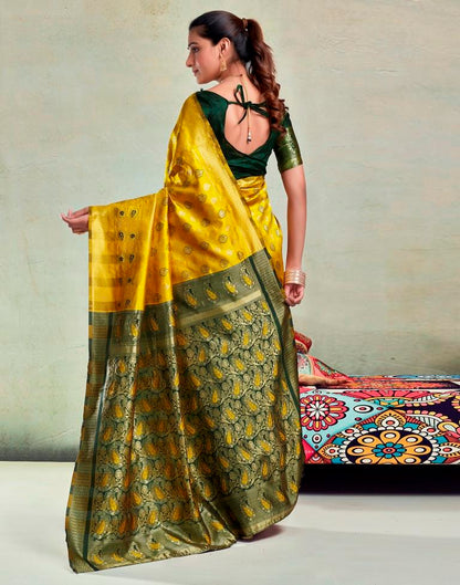 Yellow & Dark Green Silk Woven Saree