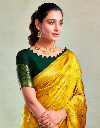Yellow & Dark Green Silk Woven Saree