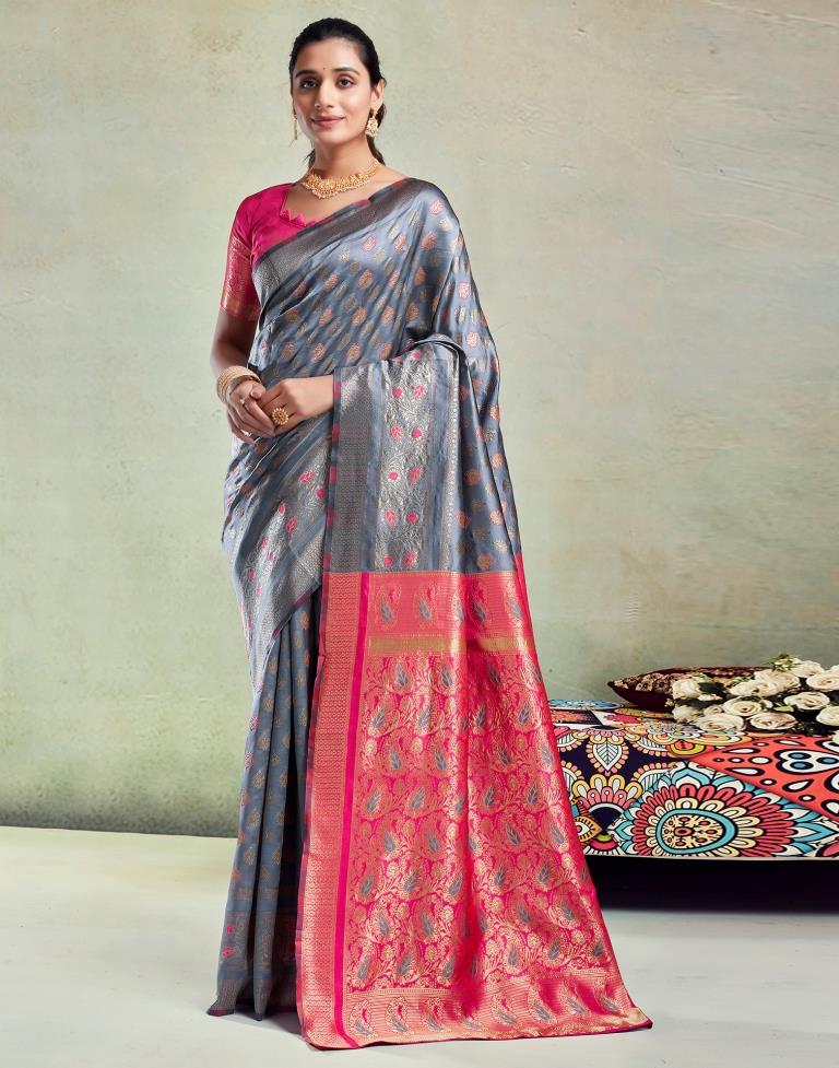 Steel Grey & Pink Silk Woven Saree