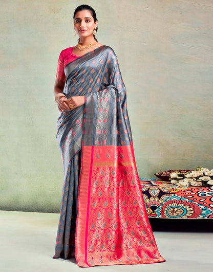 Steel Grey & Pink Silk Woven Saree