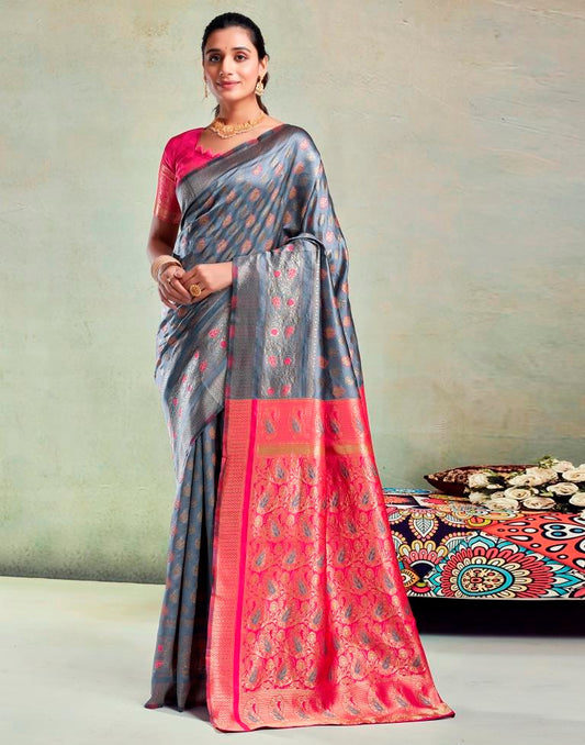 Steel Grey & Pink Silk Woven Saree