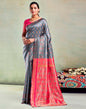 Steel Grey & Pink Silk Woven Saree