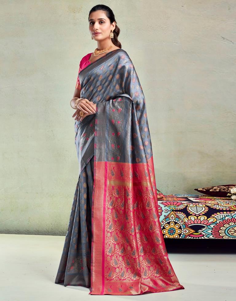 Steel Grey & Pink Silk Woven Saree