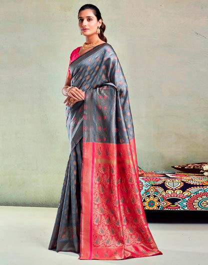Steel Grey & Pink Silk Woven Saree