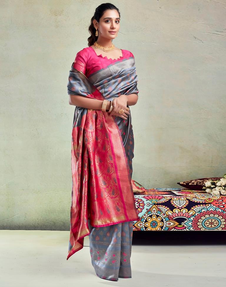 Steel Grey & Pink Silk Woven Saree