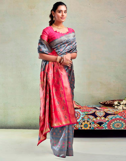 Steel Grey & Pink Silk Woven Saree