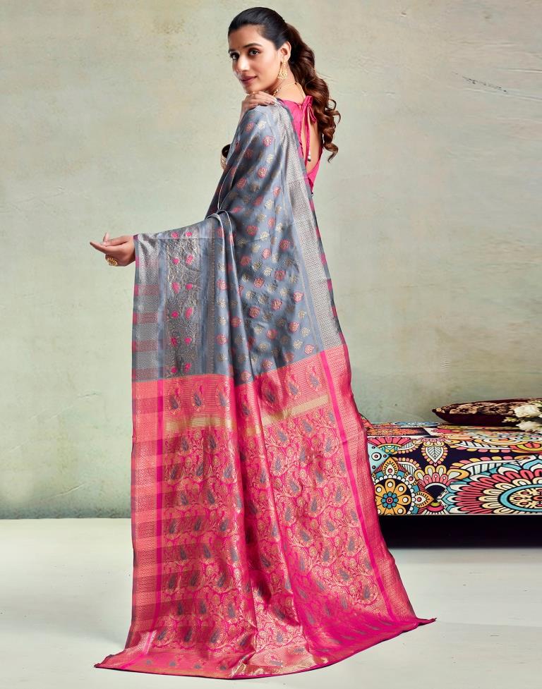 Steel Grey & Pink Silk Woven Saree