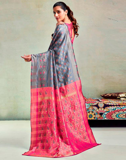 Steel Grey & Pink Silk Woven Saree