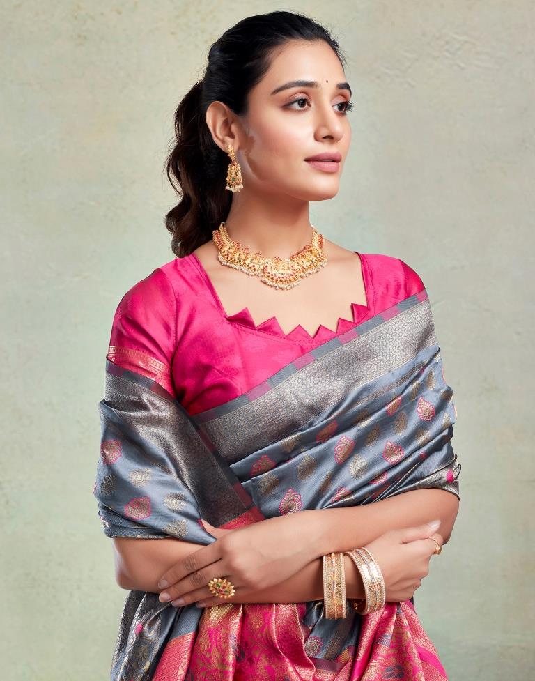 Steel Grey & Pink Silk Woven Saree
