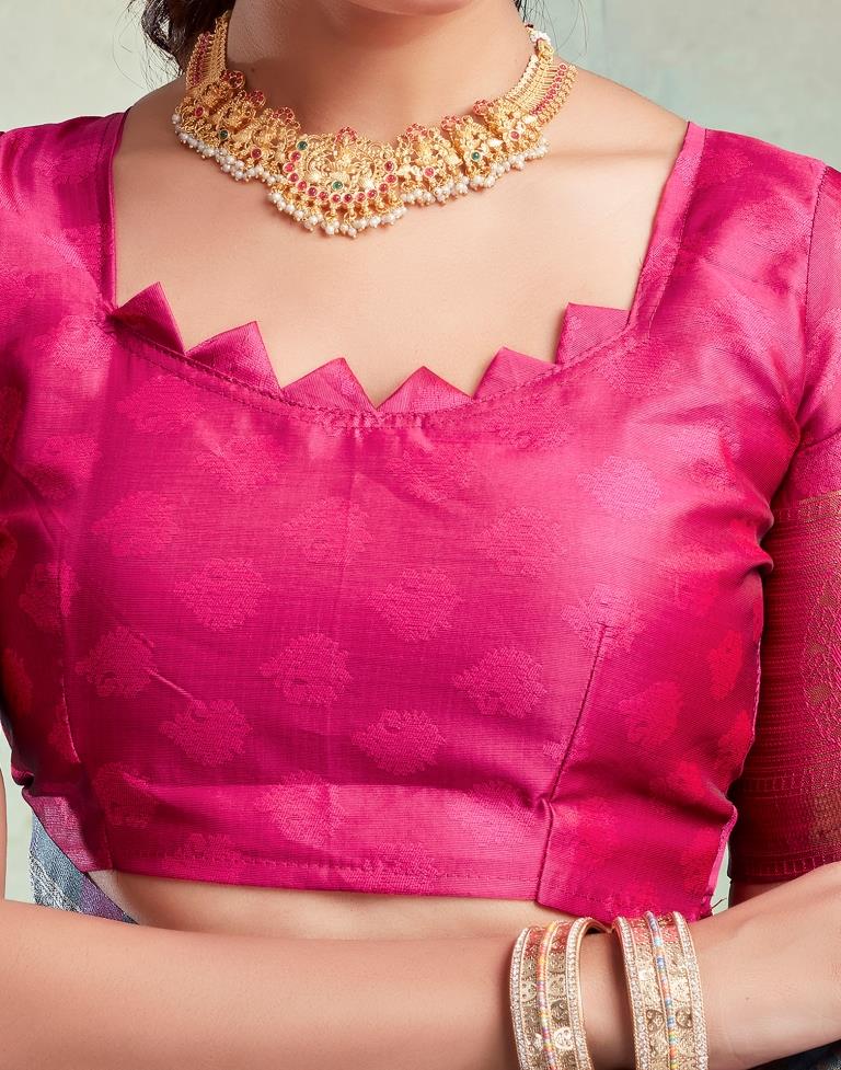 Steel Grey & Pink Silk Woven Saree