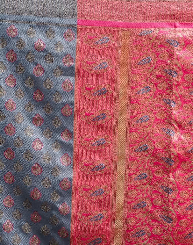 Steel Grey & Pink Silk Woven Saree
