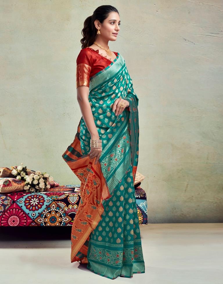 Teal Green Silk Woven Saree