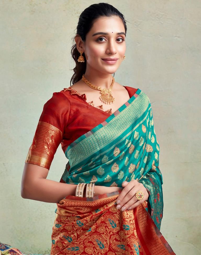 Teal Green Silk Woven Saree