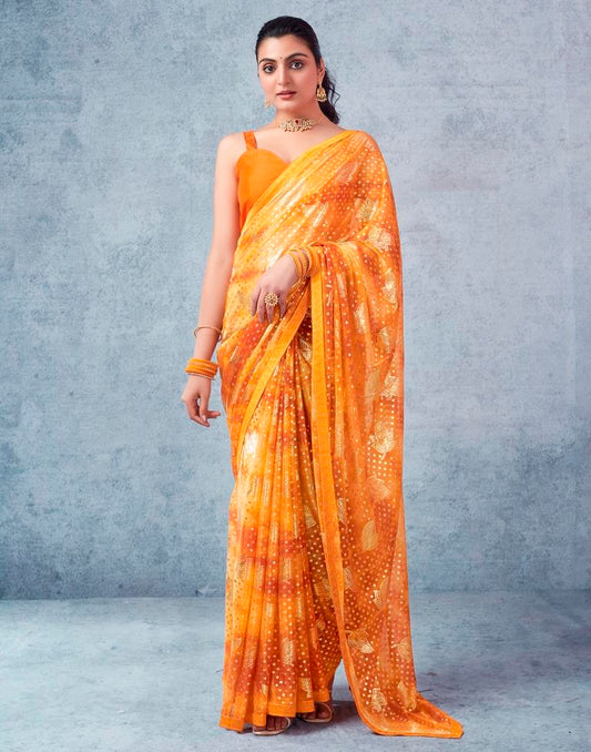 Yellow Lycra Printed  Saree