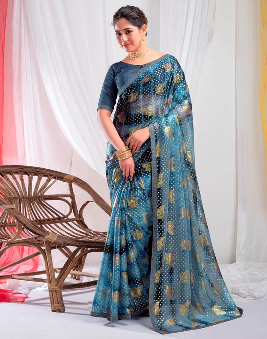 Steel Blue Lycra Printed Saree