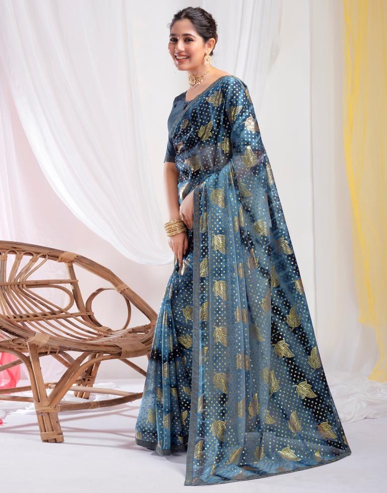 Steel Blue Lycra Printed Saree