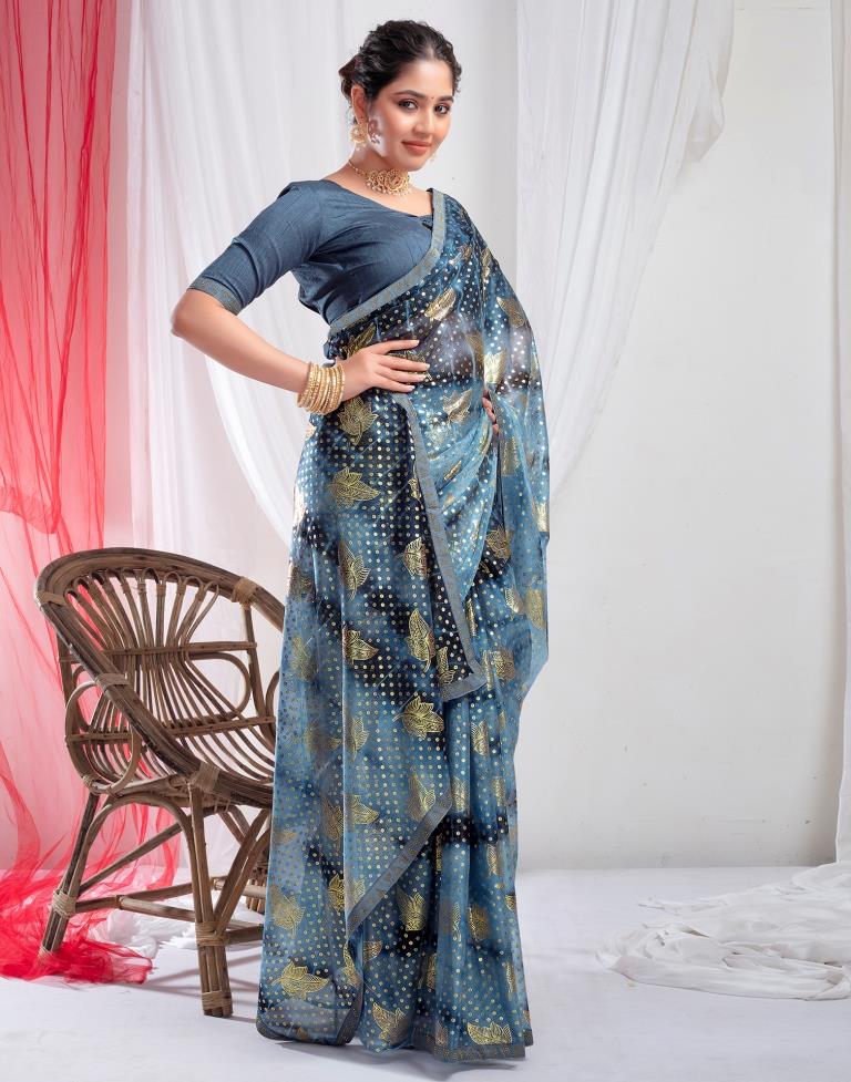 Steel Blue Lycra Printed Saree