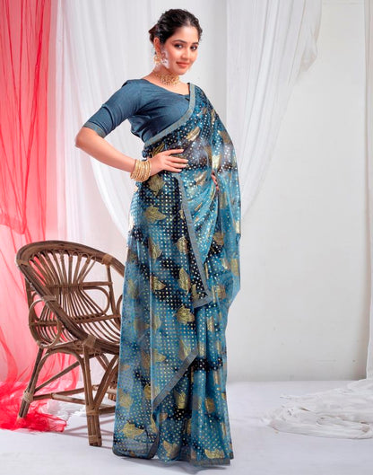 Steel Blue Lycra Printed Saree