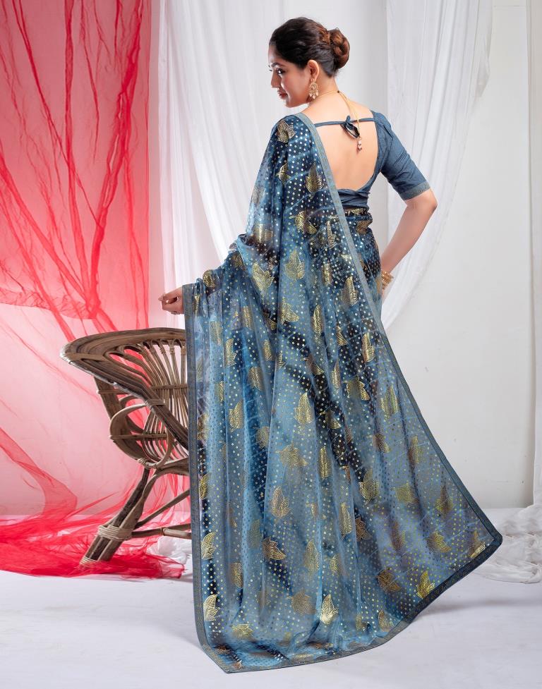 Steel Blue Lycra Printed Saree