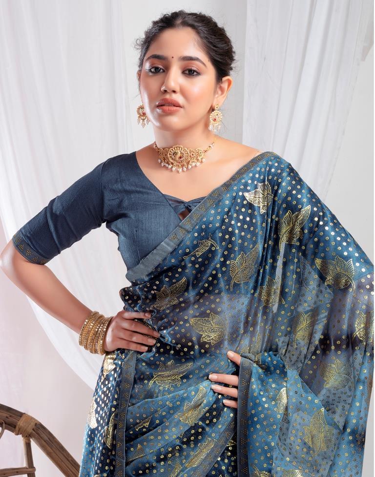 Steel Blue Lycra Printed Saree