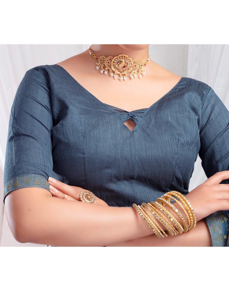 Steel Blue Lycra Printed Saree