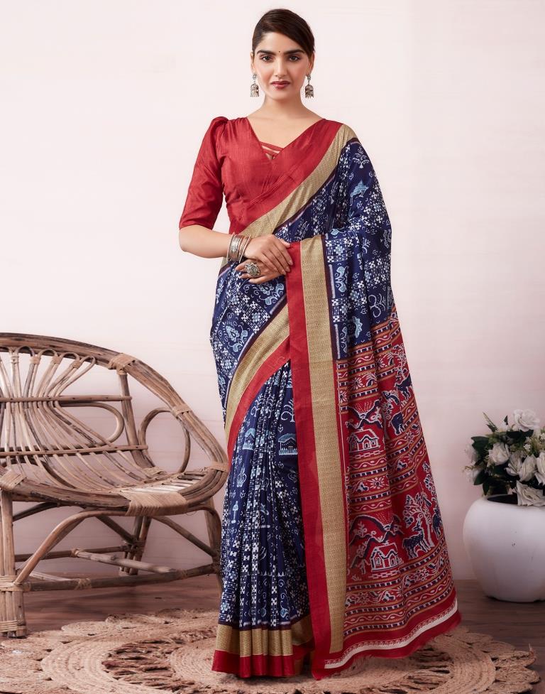 Dark Blue & Red Silk Printed  Saree