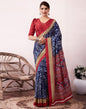Dark Blue & Red Silk Printed  Saree