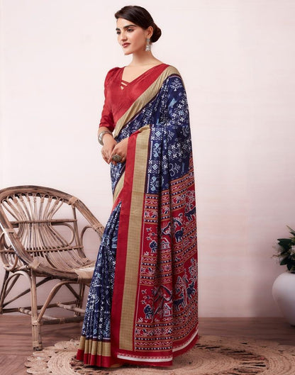 Dark Blue & Red Silk Printed  Saree