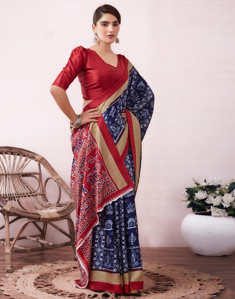 Dark Blue & Red Silk Printed  Saree
