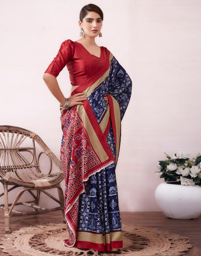 Dark Blue & Red Silk Printed  Saree