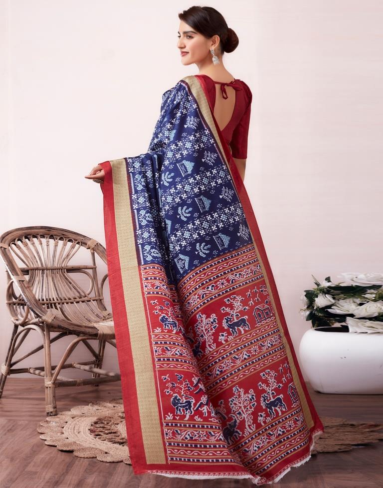 Dark Blue & Red Silk Printed  Saree