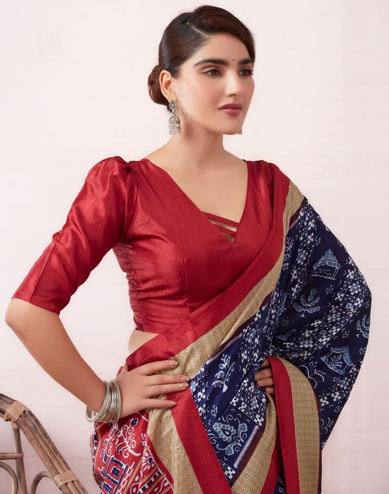 Dark Blue & Red Silk Printed  Saree