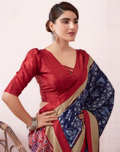 Dark Blue & Red Silk Printed  Saree