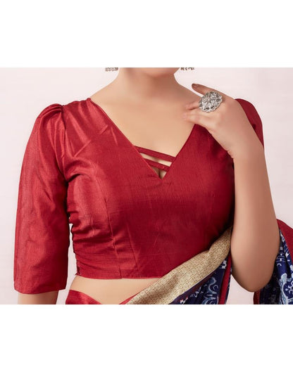 Dark Blue & Red Silk Printed  Saree