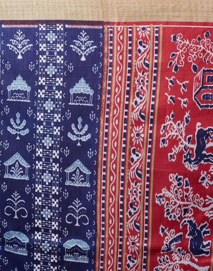 Dark Blue & Red Silk Printed  Saree