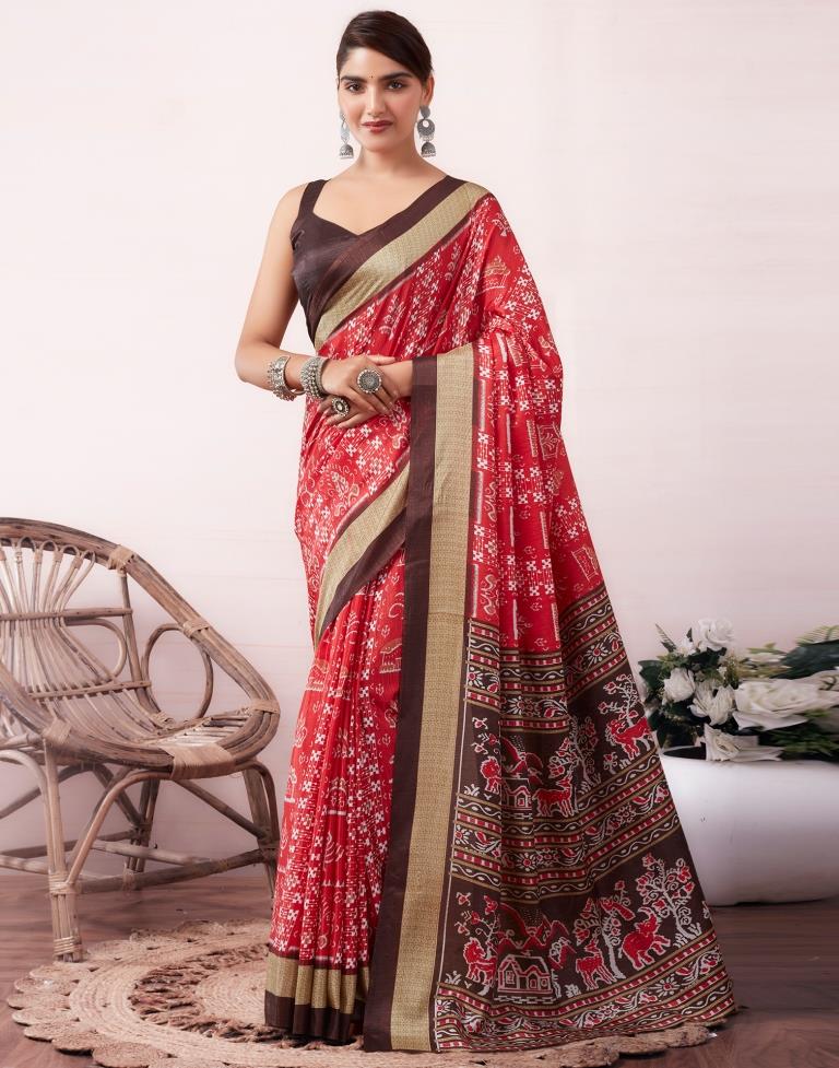 Red Silk Printed  Saree