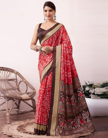 Red Silk Printed  Saree