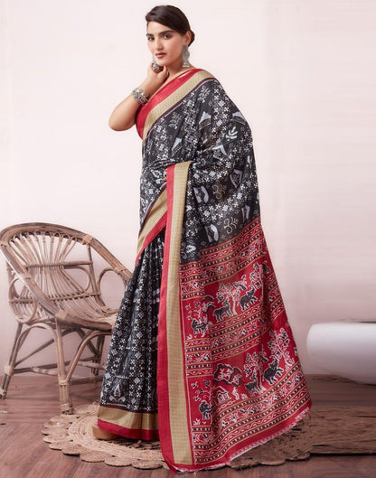 Black & Red Silk Printed  Saree