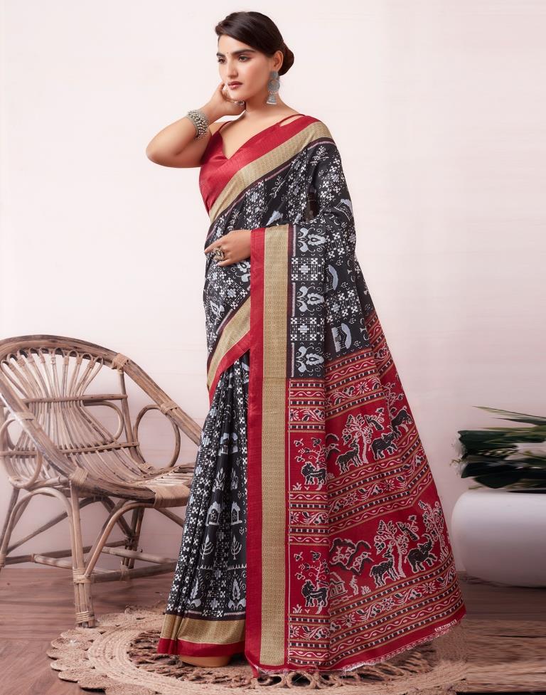 Black & Red Silk Printed  Saree